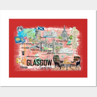 Glasgow Scotland Illustrated Travel Map With RoadsS Posters and Art